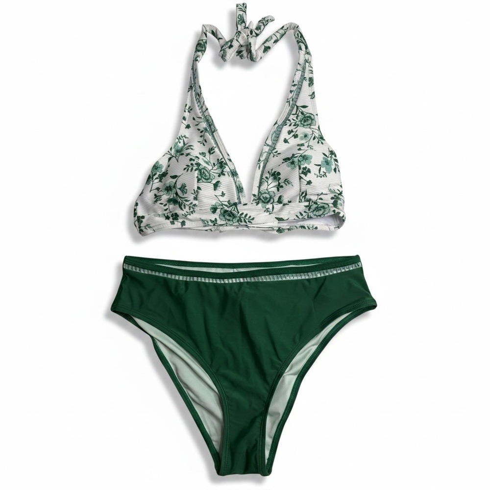 Cupshe NWT Green Floral Halter Bikini Top High Waisted High Cut Leg Set Medium M